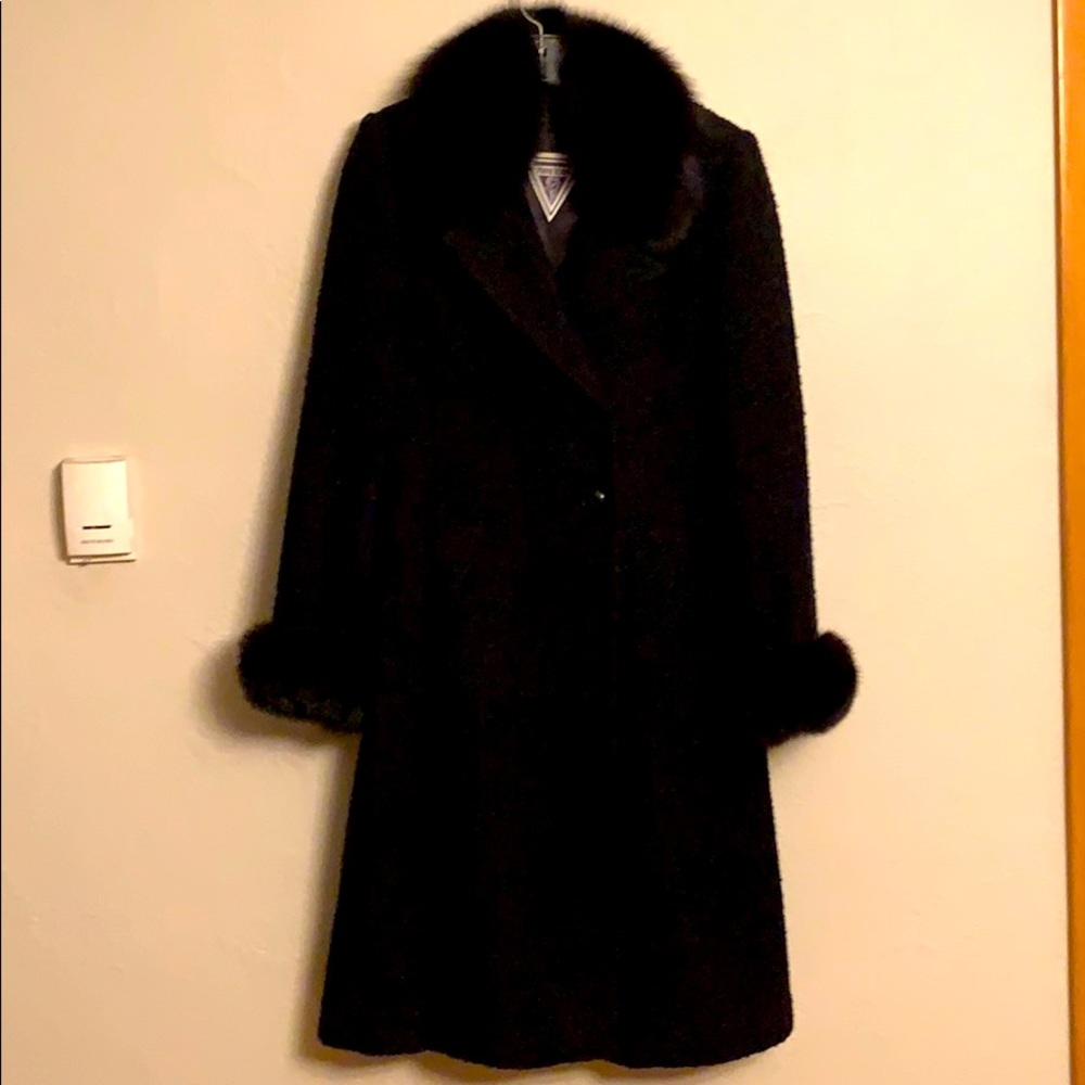Marvin Richards Black Wool Trench Coat with Fur Trim